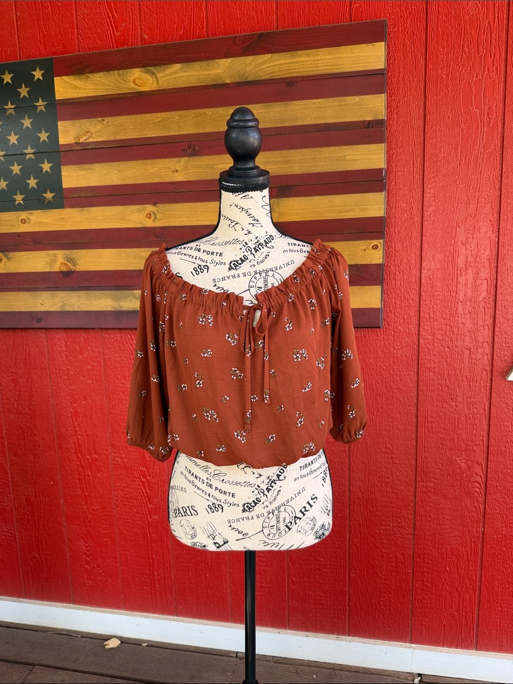 Papermoon Rust Floral Off-the-Shoulder Tie-Front Blouse - Picture 2 of 4
